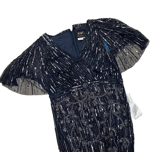 MAC DUGGAL 9064 Embellished Cap Sleeve Faux Wrap Trumpet Gown Midnight 14 NEW - Picture 4 of 9